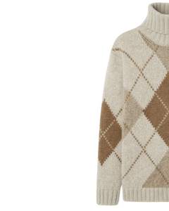 Suéter de Punto Personalizado de Primera Calidad para Mujer, Cuello Alto, Diseño Argyle, Suave y Cálido para Invierno, Estilo Casual, Color Beige Claro y Marrón - Product Image 3