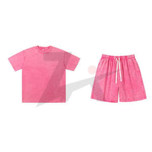 Conjuntos de pantalones cortos informales de verano para hombre, conjuntos de 2 piezas, camisetas de manga corta con hombros caídos y pantalones cortos desgastados lavados con ácido con cordón - Product Image 1