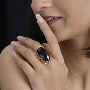 Oversized <b>Black</b> Onyx <b>Ring</b> 16x31mm Faceted Gemstone Bold Statement <b>Ring</b> In 18K Gold Plated Sterling <b>Silver</b> - Product Image 4