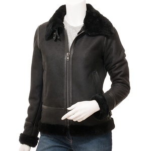 Blouson bombardier en cuir pour femme B-3-noir peau de mouton avec doublure en fausse fourrure noire veste de Moto en peau de mouton - Product Image 1