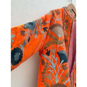 Indian Boho Style Reversible Quilted Suzani Velvet Embroidered <b>Jacket</b> Varsity Outerwear Coat Short Length XL for Spring Autumn - Product Image 3