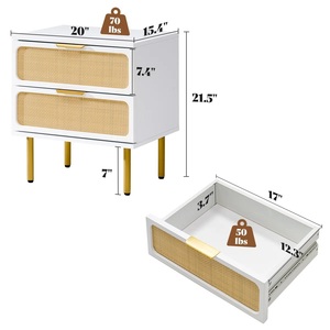 โต๊ะข้างเตียงทำจากไม้และหวายสีขาวทันสมัยพร้อมขาโลหะสีทองโต๊ะข้างเตียงหวายสองลิ้นชักสำหรับตกแต่งห้องนอนที่ทันสมัยหรูหรา - Product Image 4