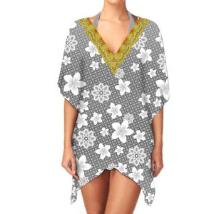 À la mode élégant court longueur caftan robe col en v impression numérique doux respirant tissu décontracté été vêtements de plage - Product Image 4