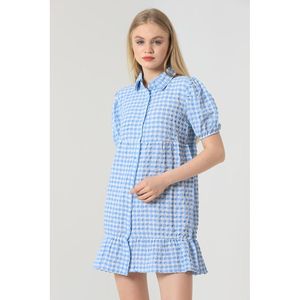 Vestido Midi TOPSHOW Azul con Cuello Camisero y Botones para Mujer - Elegante Vestido a Cuadros Gofre con Botones en Toda la Longitud - Product Image 1