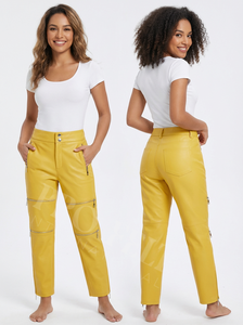 Pantalons droits en similicuir de mode décontractée streetwear en gros, taille haute, fermeture éclair, extensible, logo en relief personnalisé, pantalons en cuir - Product Image 3