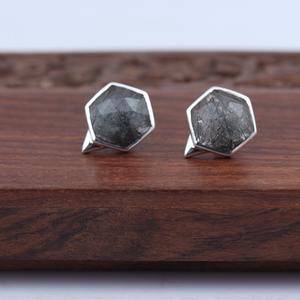 Handcrafted Artisan Geometric Statement <b>Black</b> Rutile Hexagon Stud <b>Earring</b> - Product Image 1