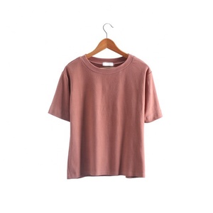 Camiseta formal de punto de algodón orgánico de verano con logotipo personalizado para mujer, camiseta regular de manga corta con cuello redondo y patrón - Product Image 5
