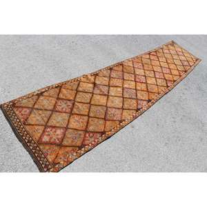 Alfombra Turca Vintage de 2.7x12.6 pies (81x383 cm), Alfombra Herki Naranja Marrón Ombré - Product Image 2