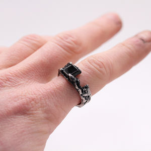 Vintage Handmade 925 Sterling <b>Silver</b> Unisex <b>Wedding</b> <b>Band</b> Rhodium Plated Wax Carved Onyx Ring Organic Texture Made in Turkey - Product Image 5