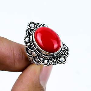 Anillos Boho de Coral Rojo Italiano, Gema Natural de Forma Ovalada con Engaste de Bisel para Regalo - Product Image 3