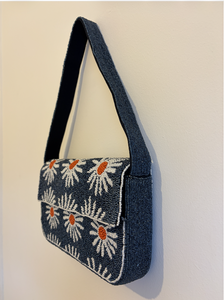 Handmade Beaded Floral Shoulder Bag with <b>Daisy</b> Pattern Blue Casual Daily Use Flap Closure - Product Image 4