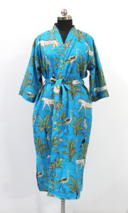 Bata de Baño Tipo Kimono con Estampado Animal Turquesa, 100% Algodón, Cuello en V, Transpirable, para Mujer, Ropa de Dormir para Primavera y Otoño - Product Image 5