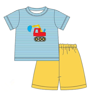 New Kids Smocked Clothes <strong>Boy</strong> Excavator Applique Embroidery <strong>Boys</strong> Boutique <strong>Clothing</strong> Sets Custom Sibling Striped Children's Rompers - Product Image 2