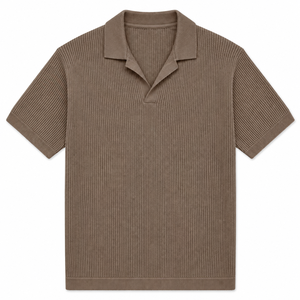 T-shirt en maille texturée de qualité supérieure pour homme, col Johnny ouvert, col en V, coupe décontractée, coton piqué, maille côtelée, style polo, décontracté chic, été - Product Image 3