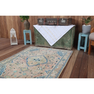 Alfombra turca vintage de 3.3x4.7 pies (100x142 cm), azul geométrica con elementos florales. - Product Image 5