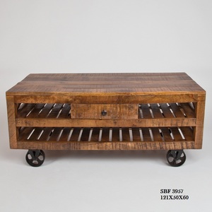 Forever Natural Mango Wood Industrial Cart Mesa de centro Acabado áspero natural Hermosos muebles para el hogar para uso doméstico y hotelero - Product Image 3