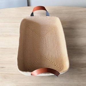 High Quality Rectangle <b>Woven</b> Handcrafted <b>Basket</b> Organizer with Leather Handle Beige Durable Ecofriendly <b>Storage</b> Box Wholesale - Product Image 3