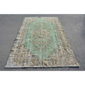 Alfombra turca vintage de 5,2x8,1 pies, diseño de retazos de lana verde y Beige, látex para el hogar, mesita de noche, pasillo Rectangular, Tabriz - Product Image 1
