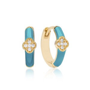 Pendientes de Aro con Diseño de Trébol y Esmalte Turquesa, Elegantes, Hechos a Mano, Chapados en Oro, Joyería Turca de Plata de Ley 925, Regalo - Product Image 1