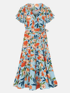 Maxivestidos informales de primavera y verano para mujer, ropa Europea estampada con cuello en V, Vestido de manga corta con cinturón - Product Image 2