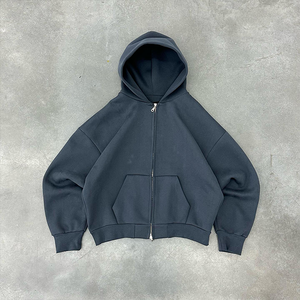 2025 Custom Heavyweight Cotton Drop Shoulder Vintage Washed Men 500 Gsm Boxy Zip up Hoodie Cropped Boxy Double Zipped Hoodie - Product Image 6