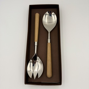 Cuchara para Ensalada de Acero Inoxidable, Cubertería, Cuchara para Ensalada Grande con Mango Largo, Tenedor con Mango de Madera, Juego de Servidores de Ensalada, Cuchara para Servir - Product Image 1