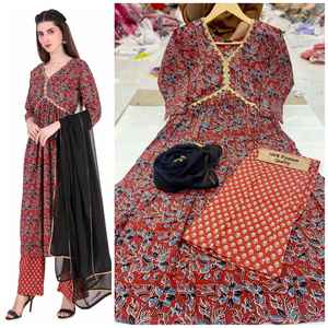 ชุดผ้าคอตตอนแท้พิมพ์ลายสวยงาม,ทำด้วยมือและตัดด้วยชุด Dupatta - Product Image 5