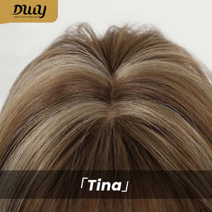 DWY NEWIN Tina Long-Length Glueless Synthetic <b>Wig</b> Layer-Cut Straight with Air Bangs Linen Brown with Light Brown Lace Highlights - Product Image 4