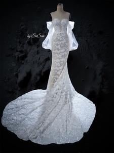 Robe de mariée sirène ivoire faite à la main OEM avec jupe longue et dentelle de perles de fleurs à la mode grande taille pour les fêtes TNBPno821 - Product Image 2