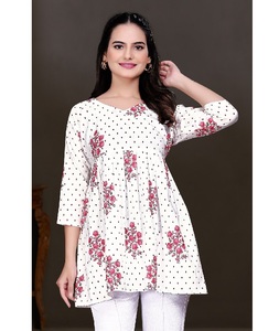 Ropa étnica india lista para usar Kurtis cortos de algodón puro y Top para uso diario informal cuello en V hermosos Kurtis con estampado de bloque - Product Image 1