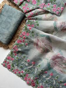 Tissu doux pur Organza Saree Zari Stripe Impression de fleurs numériques Fil multicolore Travail Blouse non cousue Vêtements traditionnels Sari - Product Image 2