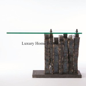 Console en métal à double anneau et table d'appoint murale Cadre en acier inoxydable avec métal plaqué or brillant Meubles d'arts créatifs - Product Image 6