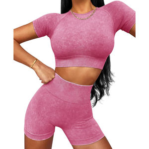 Ensemble d'entraînement 2 pièces côtelées sans couture pour femmes haut court à manches courtes Short de yoga taille haute en coton pour la salle de sport de tous les jours - Product Image 1