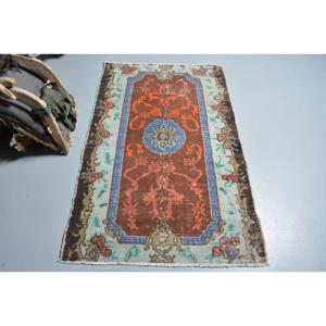 Turkish Rug, 3.2x5.2 ft Vintage Rug, <b>Brown</b> Blue Bordered <b>Wool</b> Rug - Product Image 1