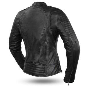 Chaqueta de motociclista de cuero personalizada para mujer, detalle de cremalleras largas, color negro, 2024 - Product Image 5