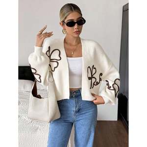 Women's Casual Floral Print Knitted Puff Sleeve Long Sleeve <b>Cardigan</b> with <b>Buttons</b> - Product Image 4