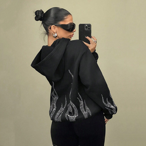 Black Rhinestone Flame Hoodie Mujer 400GSM 100% Algodón Zip Up Sudadera Logotipo personalizado Heavyweight Streetwear Y2K Design Jacket - Product Image 3