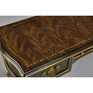 Noche Brown Mahogany Cherry Veneer Bowfront Writing <b>Desk</b> with Aged-Gold Hand Carving Three <b>Drawers</b> 1-Year Warranty - Product Image 2