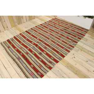 Tapis turc vintage, tapis de 5,6 x 8,4 pieds, tapis en laine rayé rouge et gris - Product Image 1