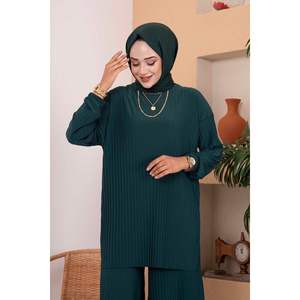 Hijab à motif confortable plissé émeraude ensemble 2 pièces modeste - Product Image 5