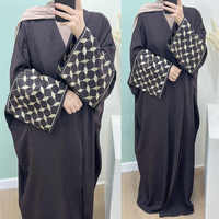 Abaya Modeste pour Femmes Musulmanes, Robe de l'Aïd et du Ramadan, en Crêpe Brodé, Kefiyyeh Palestine, Soie de Dubaï, Manches Longues, Infroissable, Haute Qualité