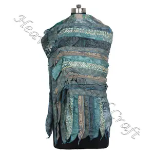 Изящный элегантный винтажный шелковый шарф с 15 полосками, Многоцветный платок, переработанный оптом от индийского Sari