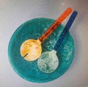 Bol de service en bois naturel avec ensemble de service à salade et motif imprimé en émail pour la vaisselle, bol de service - Product Image 4