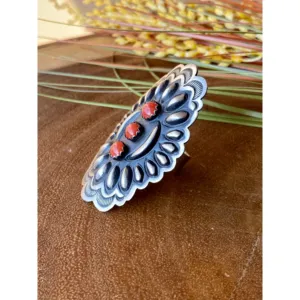 Leander Tahe Coral & <b>Sterling</b> <b>Silver</b> Concho <b>Ring</b> Bezel Set <b>Adjustable</b> Size 8 Everyday Wear - Product Image 4