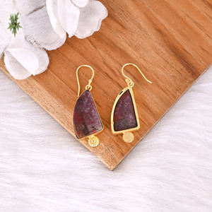 Boucles d'oreilles bohèmes en laiton plaqué or avec pierre précieuse jaspe océan, bijoux fantaisie faits à la main, boucles d'oreilles en laiton de haute qualité, commande en gros - Product Image 4