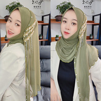 Écharpe en maille à franges tendance avec strass et perles pour femmes musulmanes, idéale pour le hijab – Nouvelle collection