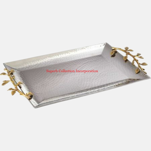 Food Serving Stainless Steel Tray Gold Plated Leaf Design Handle <b>For</b> Dessert <b>Display</b> Wholesale Suppliers Dishes <b>Plates</b> - Product Image 1