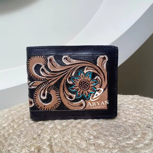 ผู้ขายที่ดีที่สุดผู้ชายแกะสลักกระเป๋าสตางค์หนังแท้สีดํามือ Toolled กระเป๋าสตางค์หนังสําหรับใช้ประจําวันคาวบอยล่าสุดกระเป๋าสตางค์หรูหราของผู้ชาย - Product Image 1