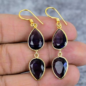 Amethyst 925 Sterling <b>Silver</b> <b>Drop</b> <b>Earrings</b> for Women Gold Plated Pear Gemstone Dangle Statement Wedding Trendy Gift for Her - Product Image 2
