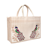 Sac cadeau brodé Paon Jumeau avec poignées en coton robustes – Panier élégant réutilisable et écologique pour occasions spéciales